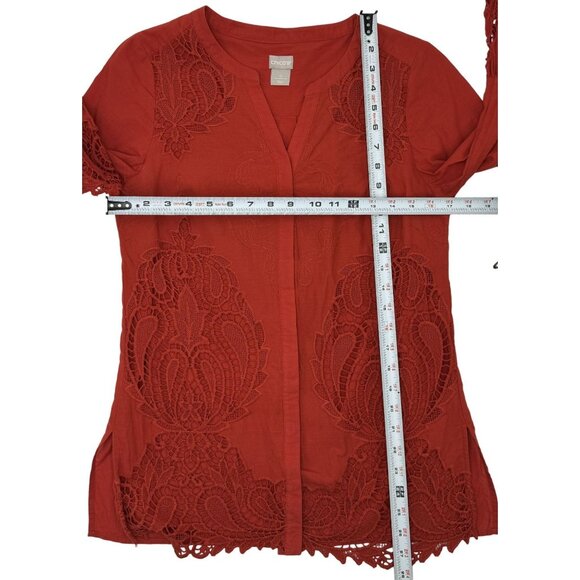 Chico's Rust Red Lace Embroidered Crochet Bell Sleeve Tunic Top Womans Size 0 - Picture 5 of 8